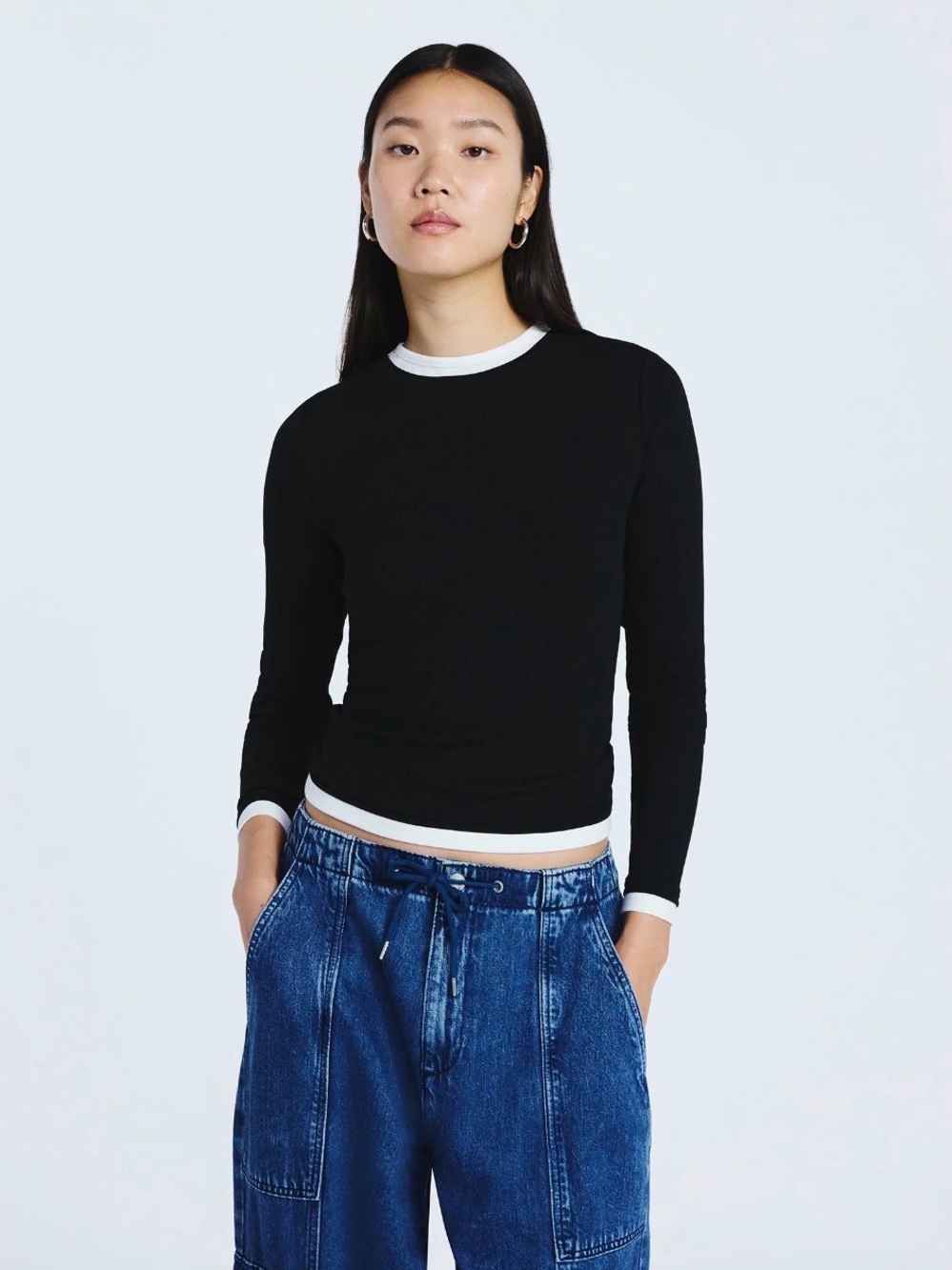 Scoop Black Soot Cream Double Layer Rib Long Sleeve Tee